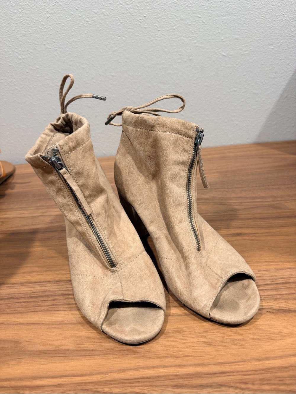 BKE Tan Suede Peep-Toe Zip Ankle Booties - Picture 2 of 6